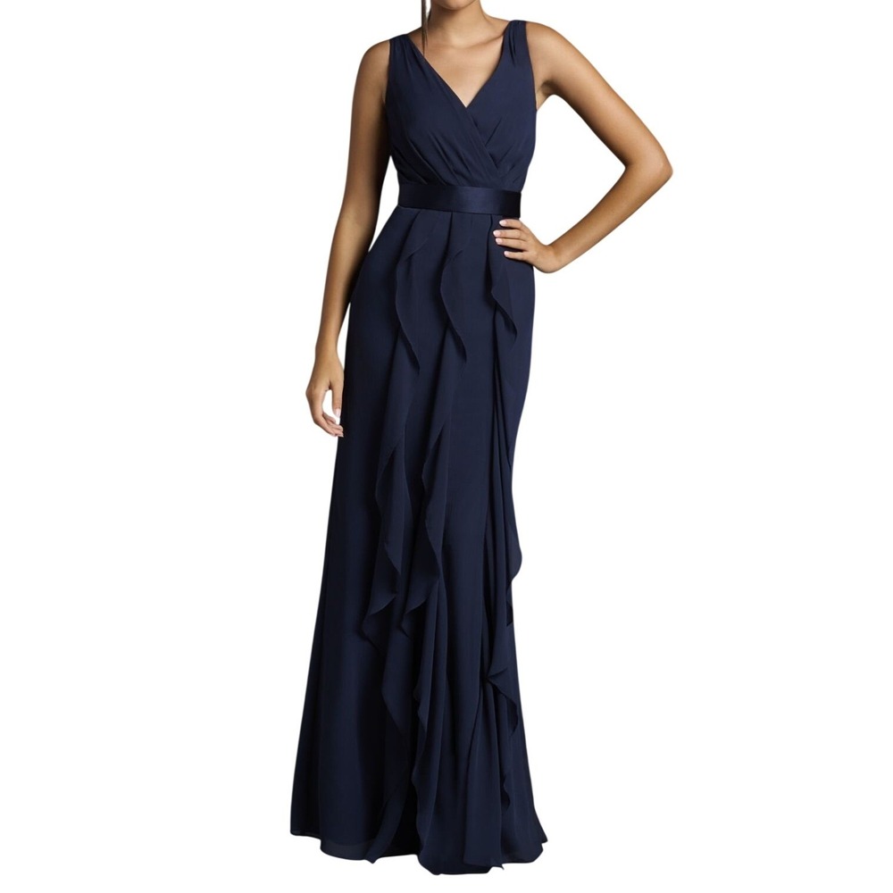 Vera Wang Midnight Navy Blue V-Neck Flange Gown Dress Bridesmaid Size 16 NEW Max